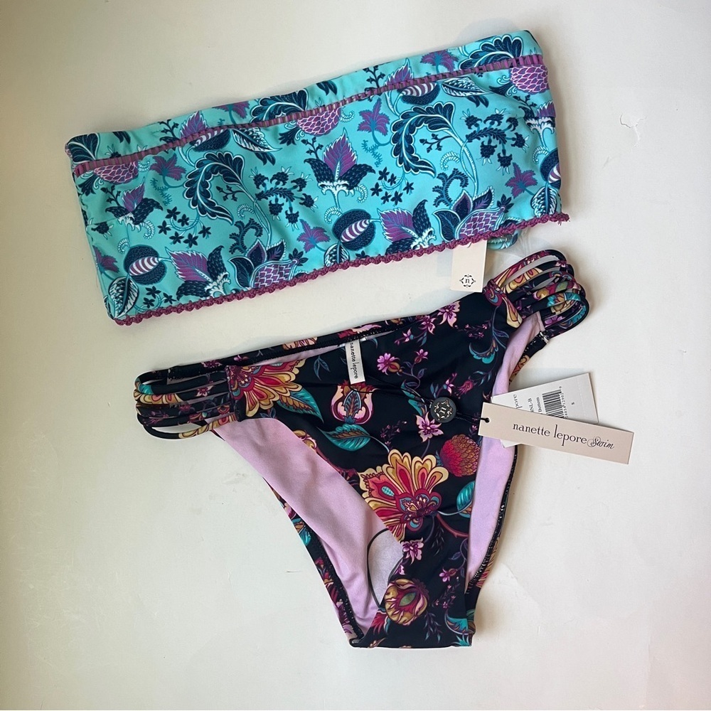 Nanette Lepore Navy Paisley Mix and Match Bandeau Bikini